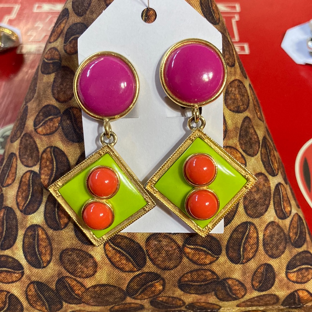 Cute Lime Green Magenta And Orange Gold Trimmed Clip Earrings Very Art Deco 10$